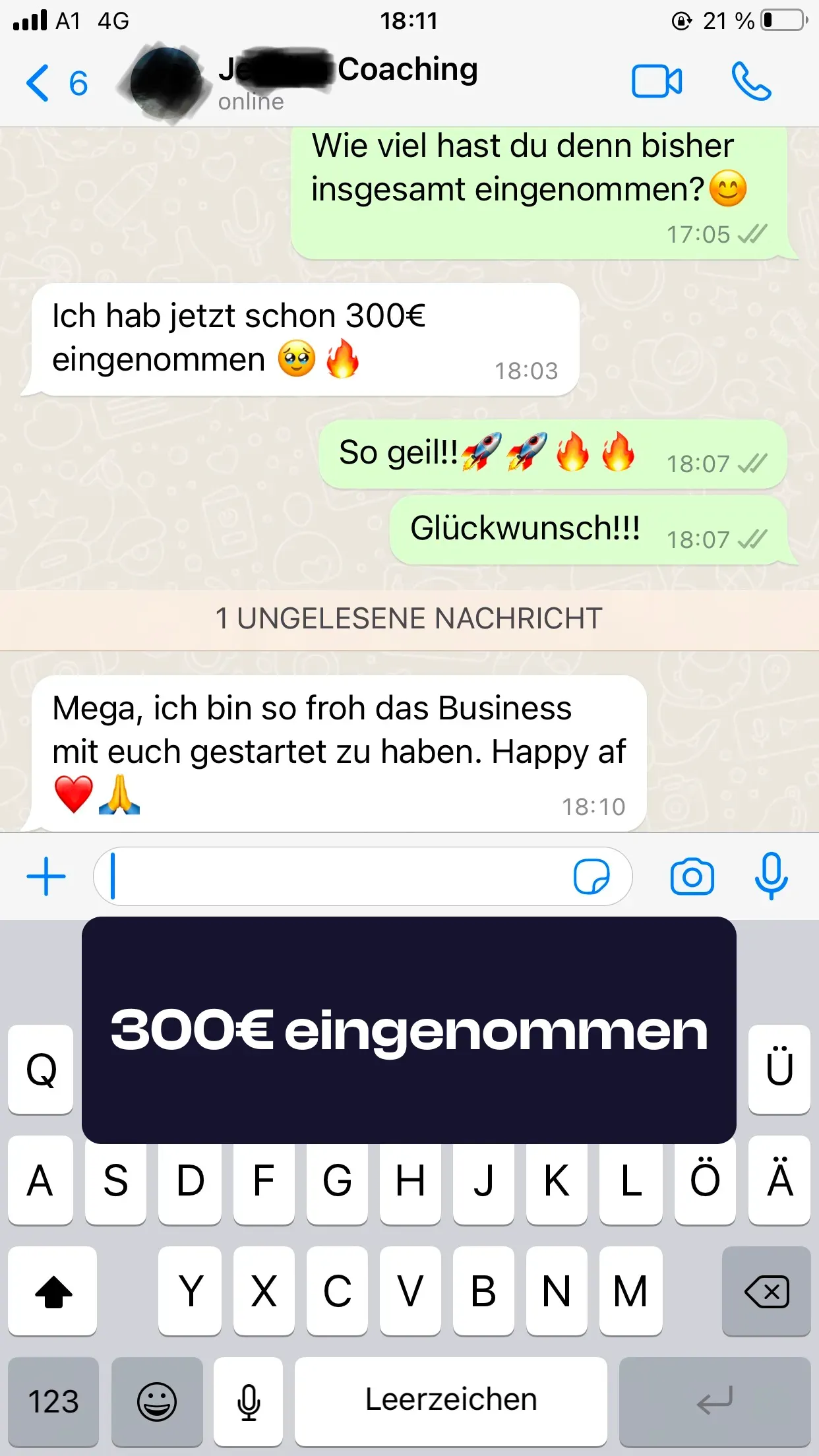 Chat-Screenshot einer Teilnehmerin: 300€ eingenommen