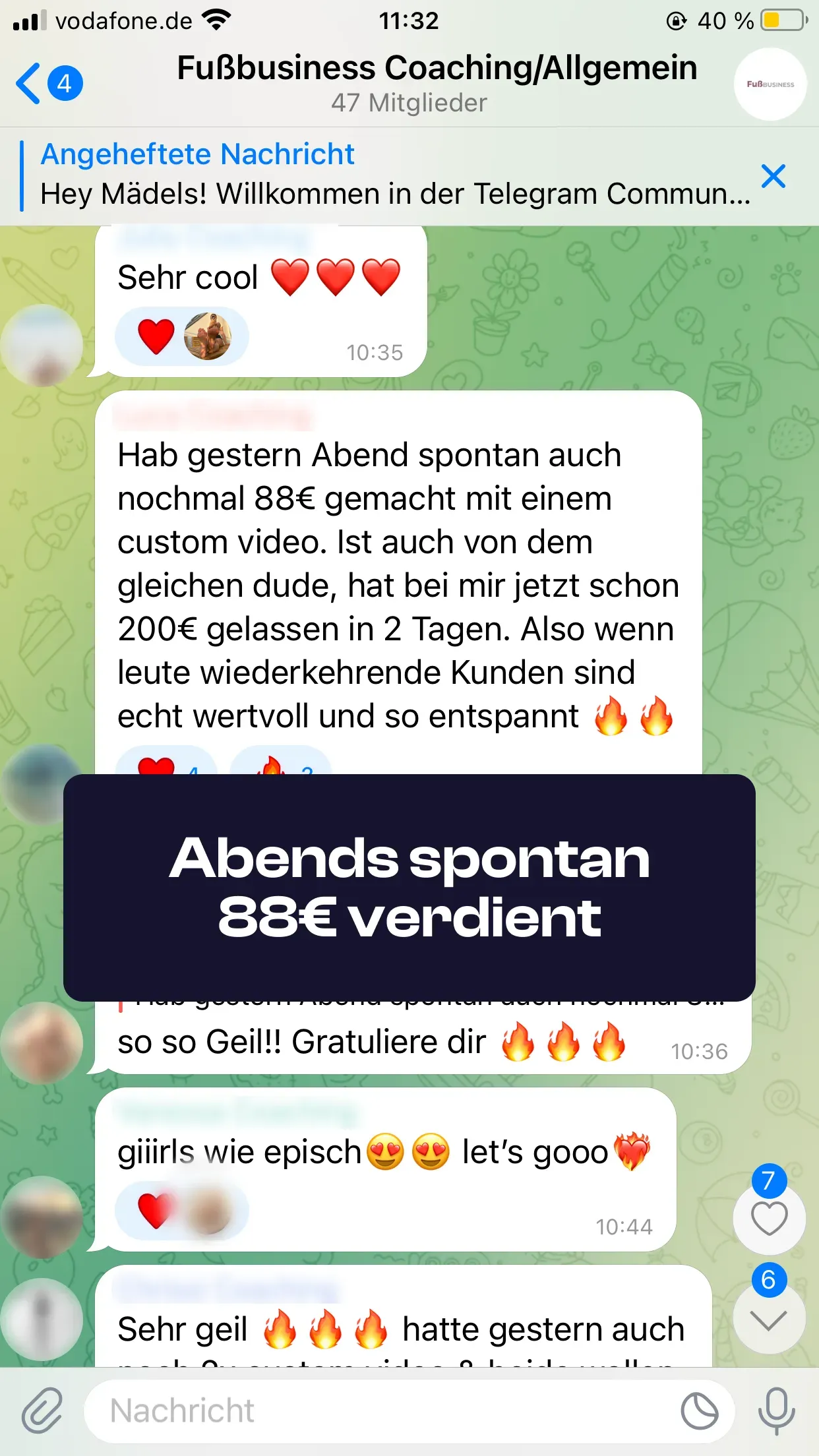 Chat-Screenshot einer Teilnehmerin: Abends spontan 88€ verdient