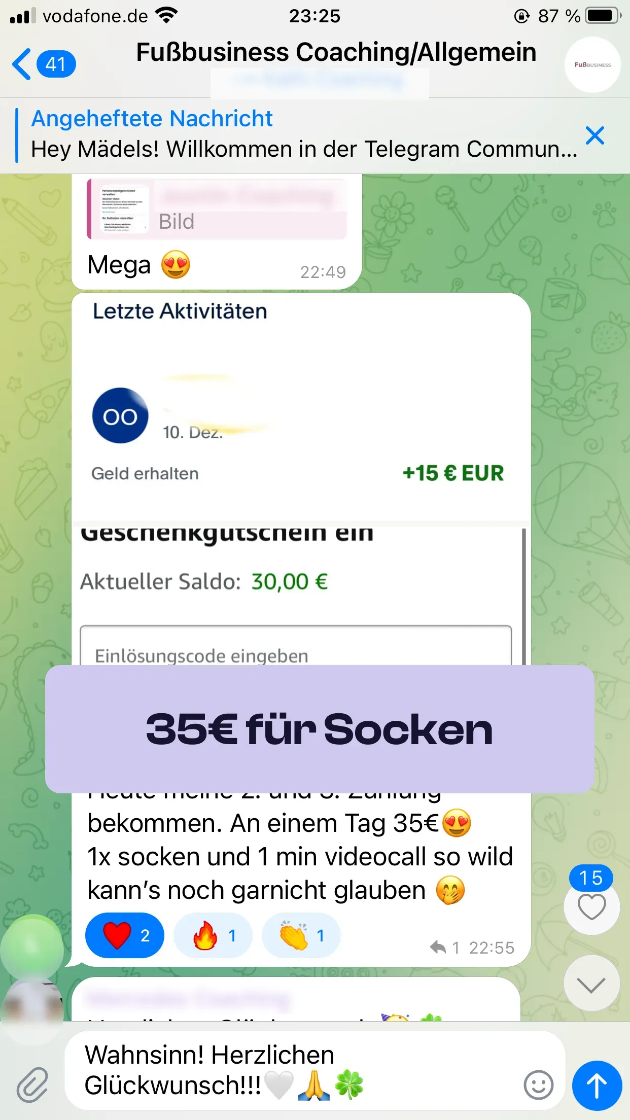 Chat-Screenshot einer Teilnehmerin: 35€ für Socken