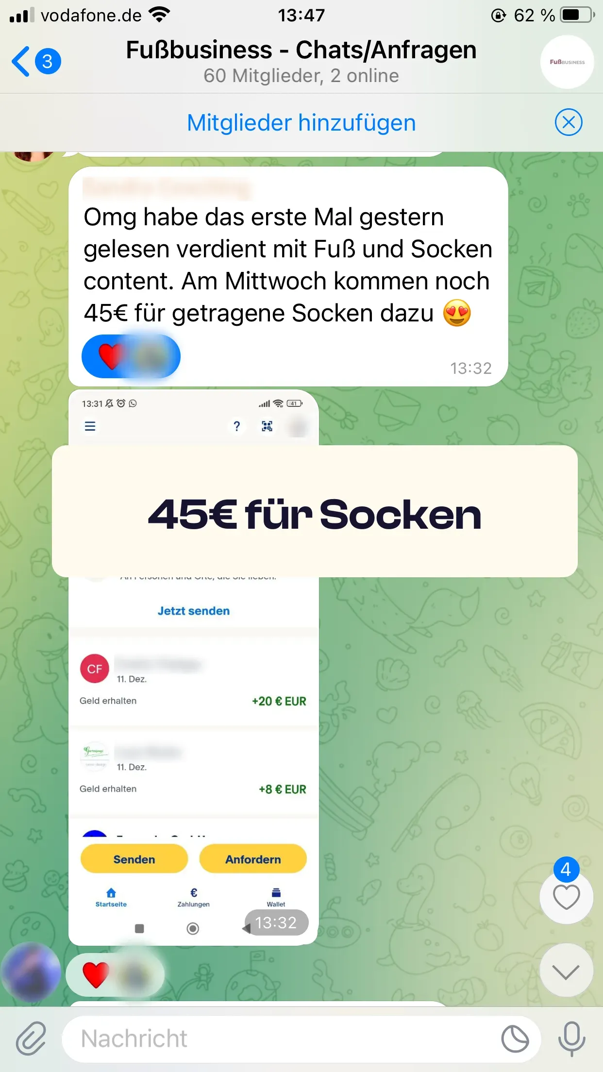 Chat-Screenshot einer Teilnehmerin: 45€ für Socken