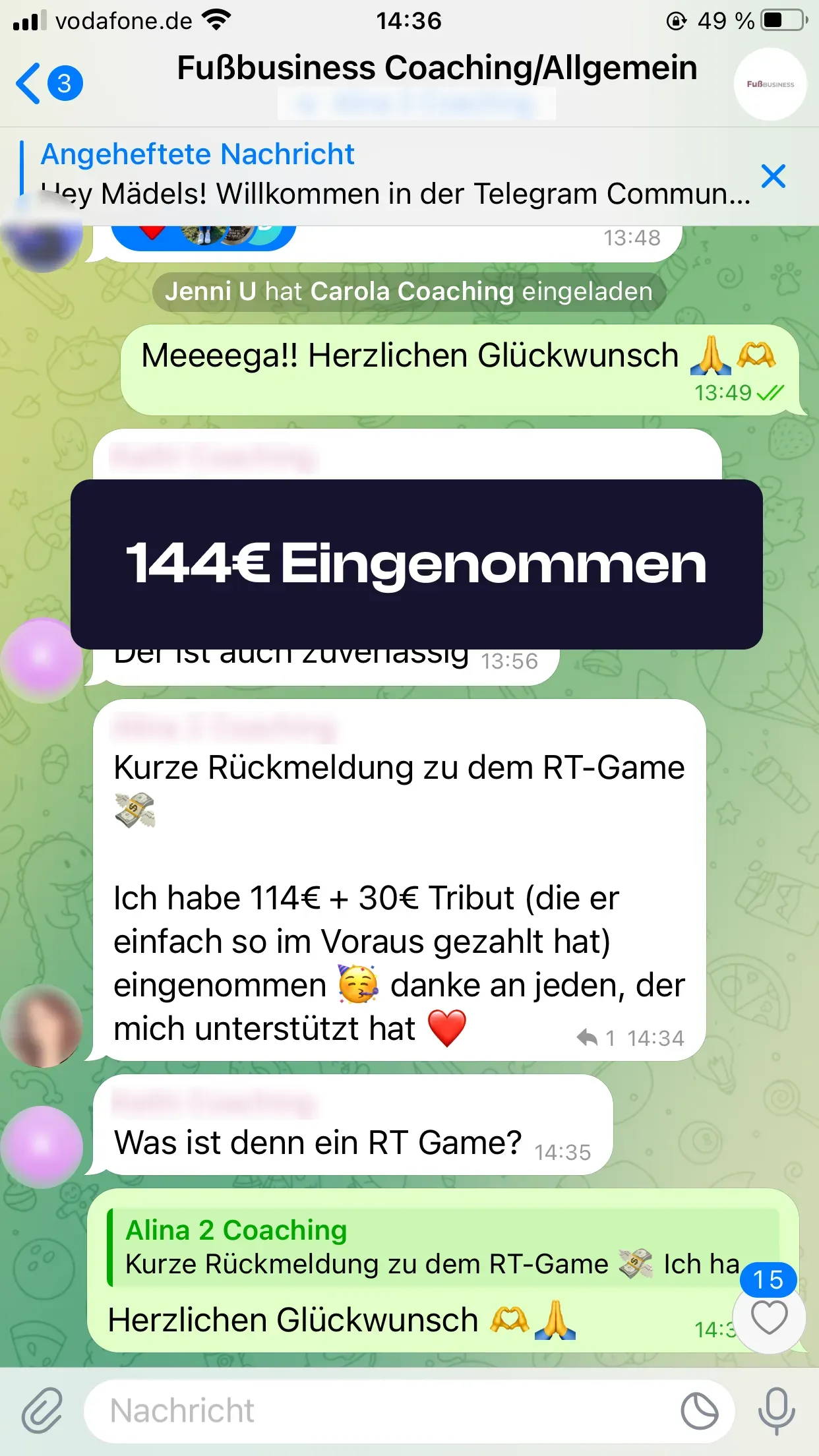 Chat-Screenshot einer Teilnehmerin: 144€ eingenommen