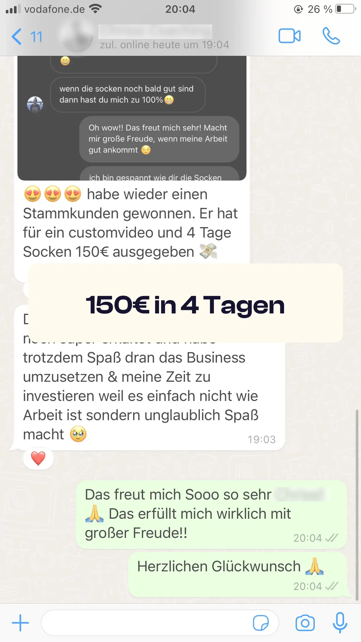 Chat-Screenshot einer Teilnehmerin: 150€ in 4 Tagen
