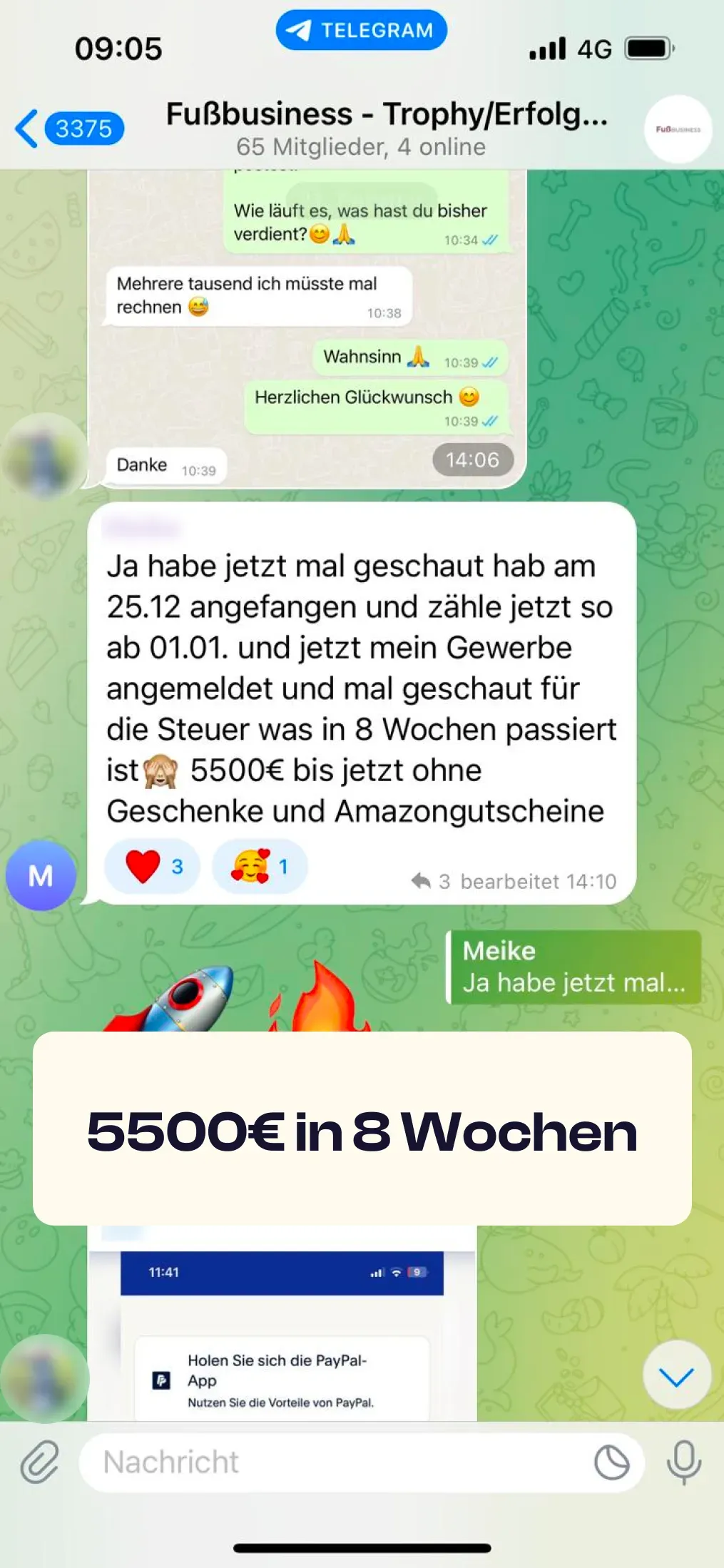 Chat-Screenshot einer Teilnehmerin: 5.500€ in 8 Wochen
