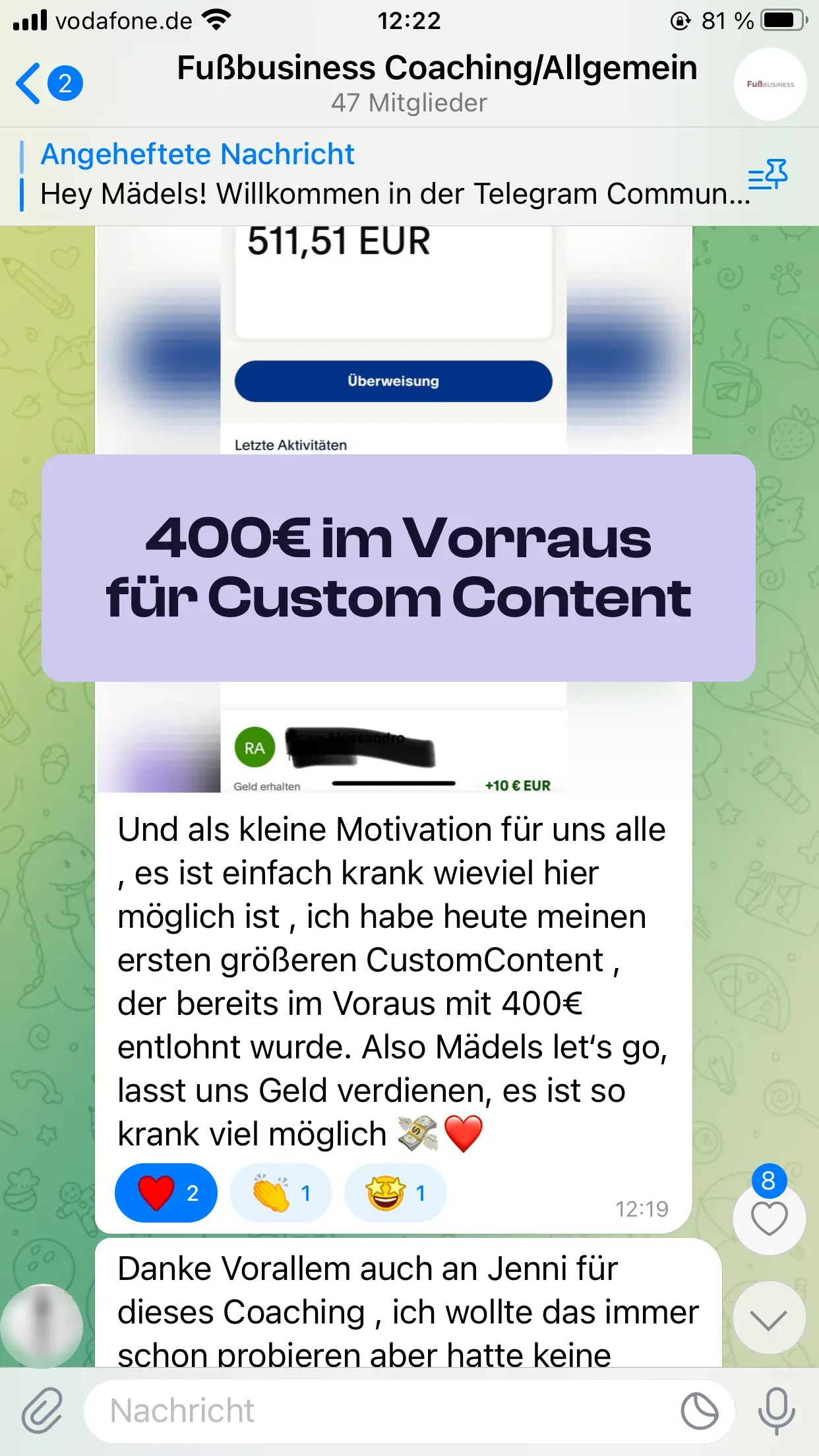 Chat-Screenshot einer Teilnehmerin: 400€ im Voraus für Custom Content